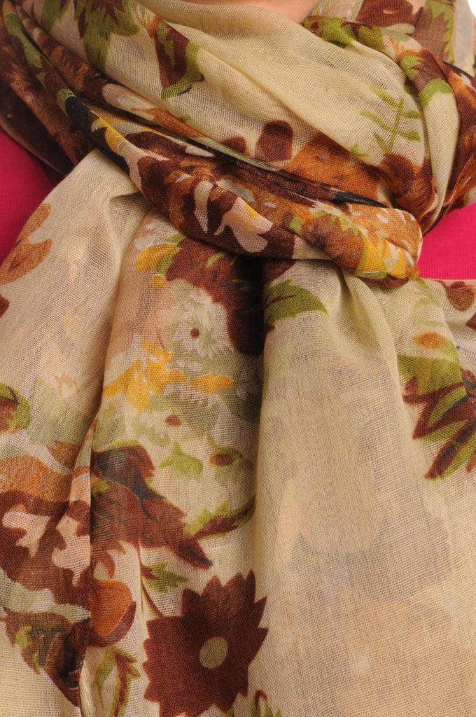 Liss Kiss Beige & Brown Vintage Flowers On Mocha Unisex Scarf & Beach Sarong - Scarf