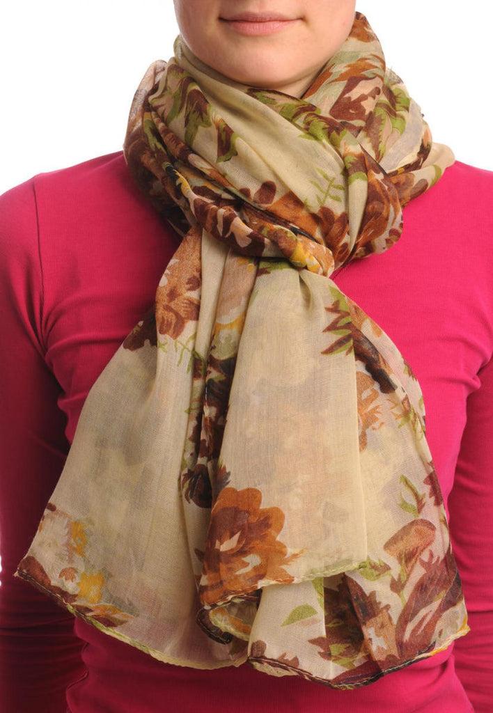 Liss Kiss Beige & Brown Vintage Flowers On Mocha Unisex Scarf & Beach Sarong - Scarf