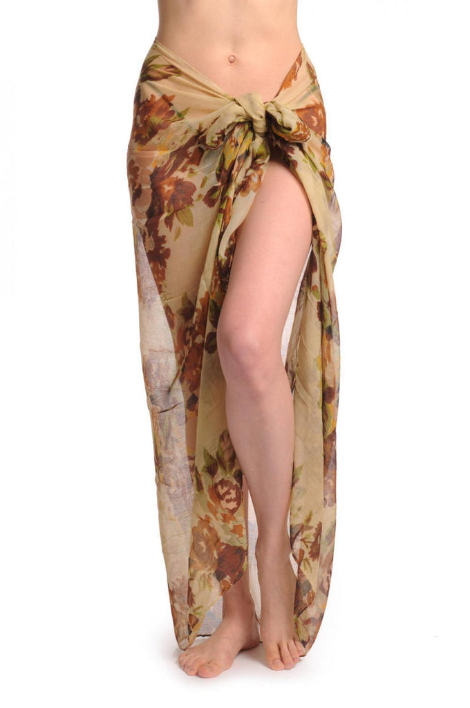 liss kiss Beige & Brown Vintage Flowers On Mocha Unisex Scarf & Beach Sarong - Scarf