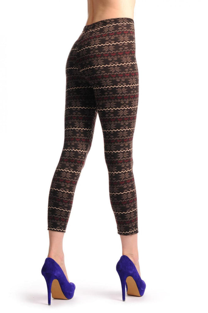 Liss Kiss Beige & Burgundy On Dark Brown Aztec Jacquard Knit Print - Leggings