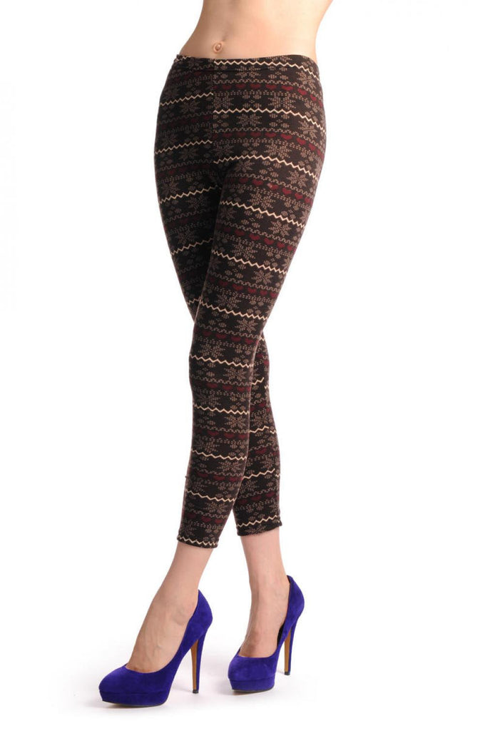 Liss Kiss Beige & Burgundy On Dark Brown Aztec Jacquard Knit Print - Leggings