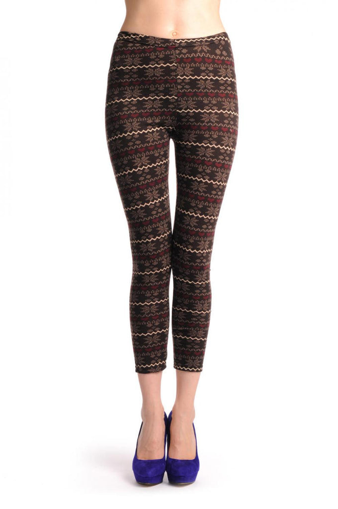 Liss Kiss Beige & Burgundy On Dark Brown Aztec Jacquard Knit Print - Leggings