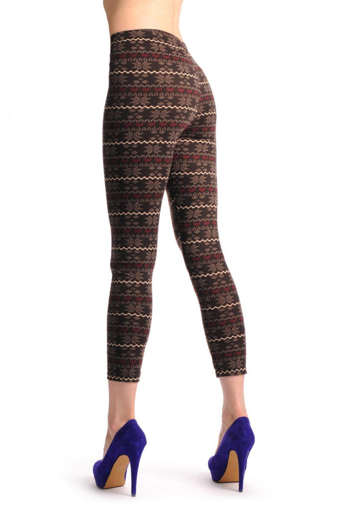 liss kiss Beige & Burgundy On Dark Brown Aztec Jacquard Knit Print - Leggings