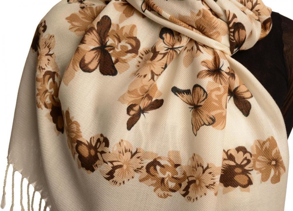 Liss Kiss Beige Butterflies & Flowers On White Pashmina Feel With Tassels - Scarf