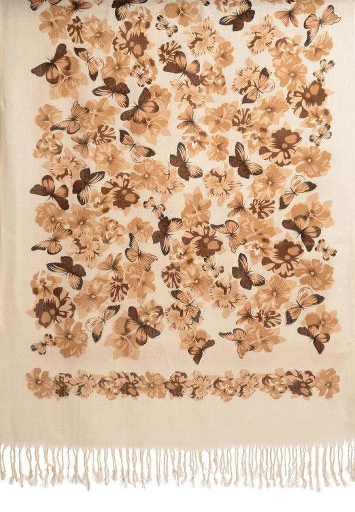 Liss Kiss Beige Butterflies & Flowers On White Pashmina Feel With Tassels - Scarf