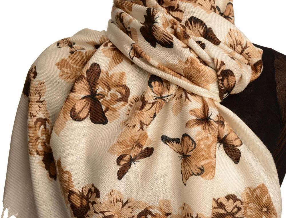 Liss Kiss Beige Butterflies & Flowers On White Pashmina Feel With Tassels - Scarf