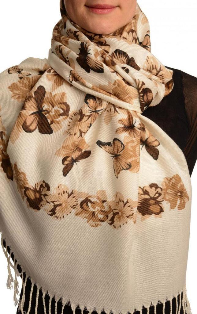 liss kiss Beige Butterflies & Flowers On White Pashmina Feel With Tassels - Scarf