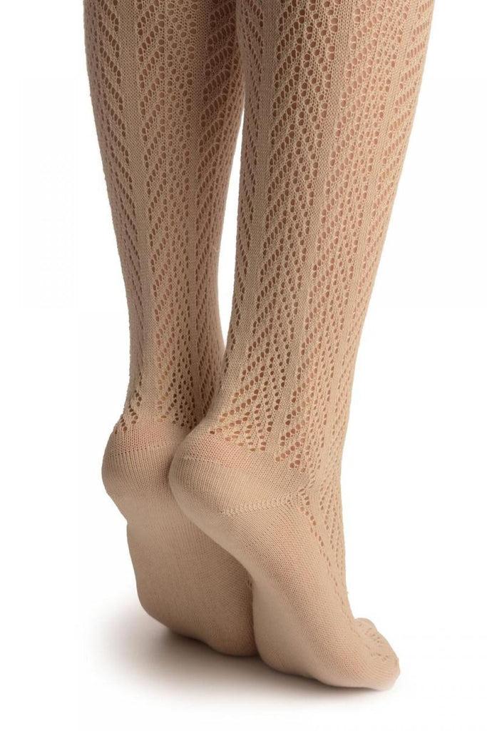 Liss Kiss Beige Chevron Crochet Knit With Lace Trim - Over The Knee Socks