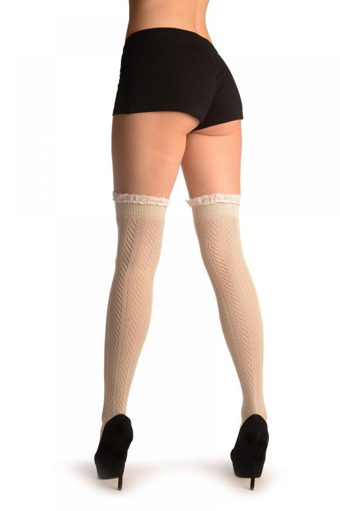 Liss Kiss Beige Chevron Crochet Knit With Lace Trim - Over The Knee Socks