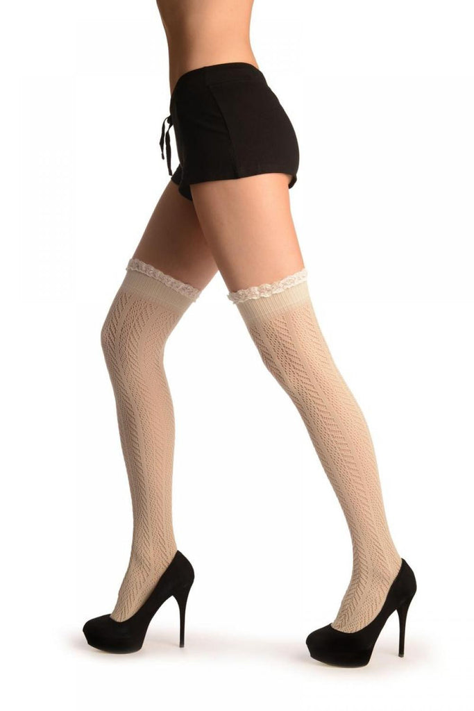 Liss Kiss Beige Chevron Crochet Knit With Lace Trim - Over The Knee Socks