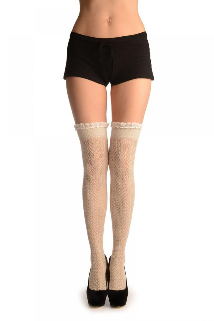 liss kiss Beige Chevron Crochet Knit With Lace Trim - Over The Knee Socks