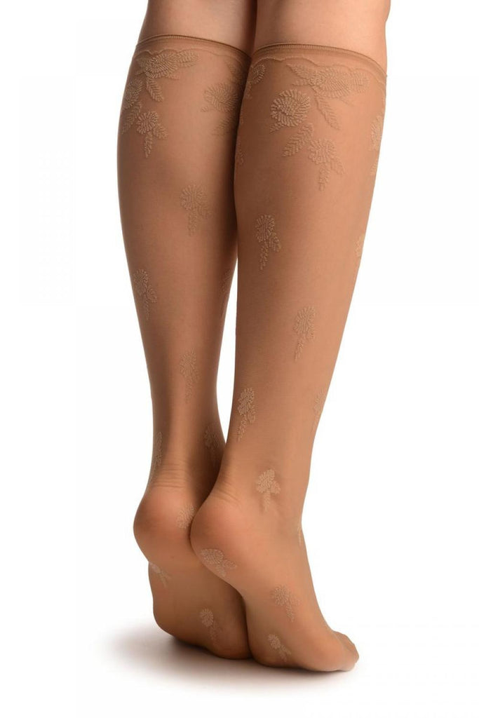 Liss Kiss Beige Chrysanthemum Flowers With Comfortable Top Socks Knee High - Socks
