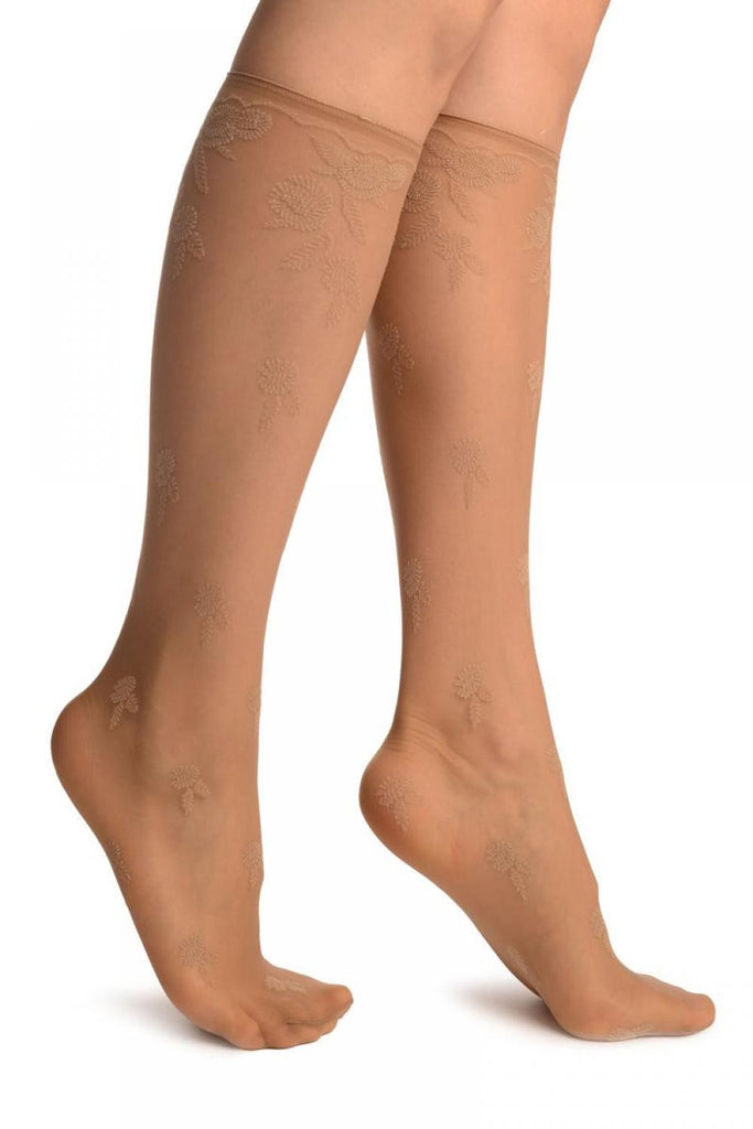 liss kiss Beige Chrysanthemum Flowers With Comfortable Top Socks Knee High - Socks