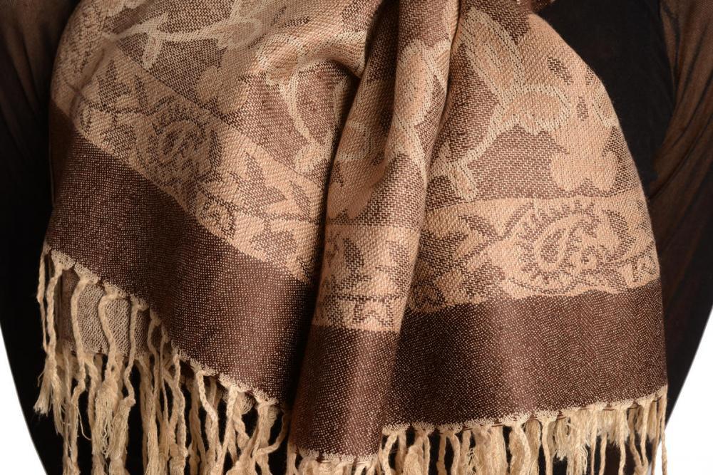 Liss Kiss Beige Circles And Beige Flowers On Brown Pashmina With Tassels - Scarf