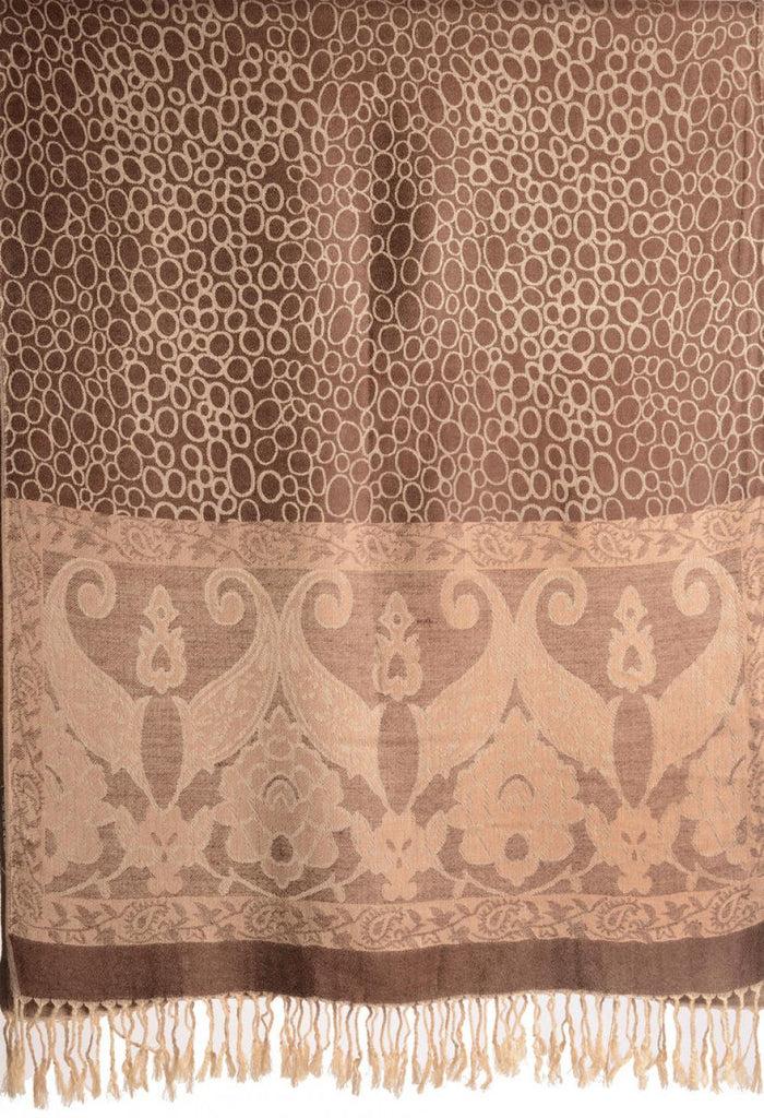 Liss Kiss Beige Circles And Beige Flowers On Brown Pashmina With Tassels - Scarf