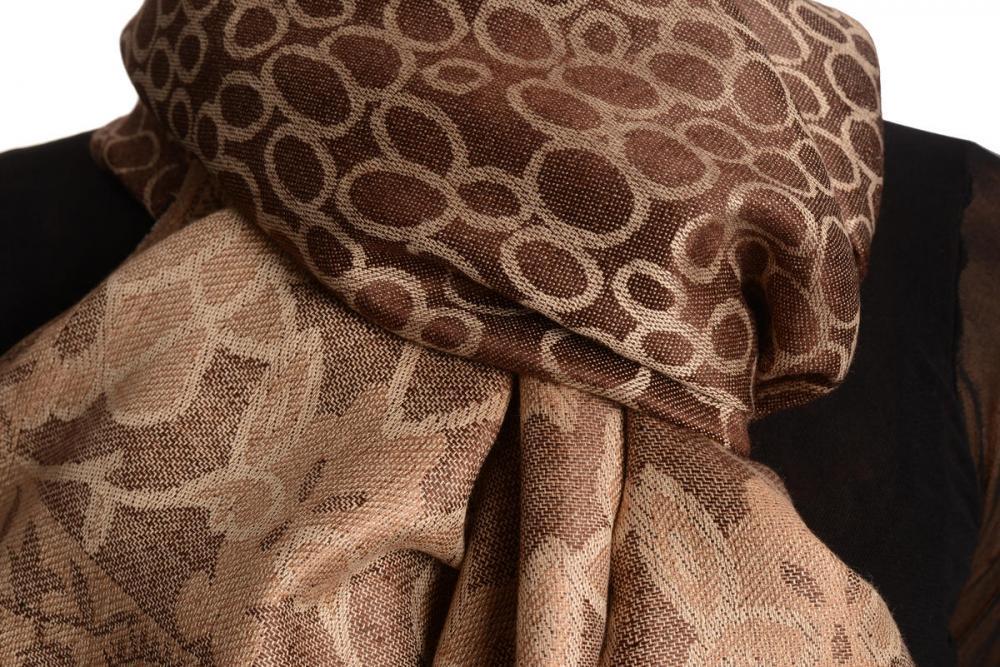 Liss Kiss Beige Circles And Beige Flowers On Brown Pashmina With Tassels - Scarf