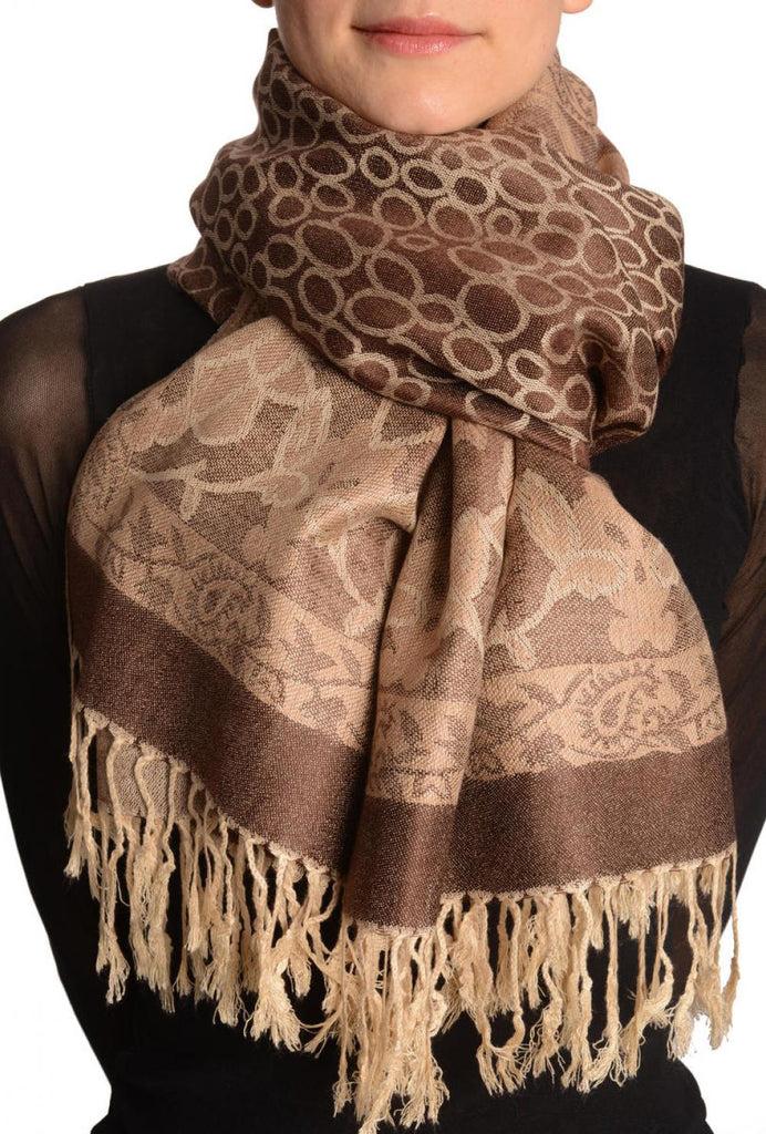 liss kiss Beige Circles And Beige Flowers On Brown Pashmina With Tassels - Scarf