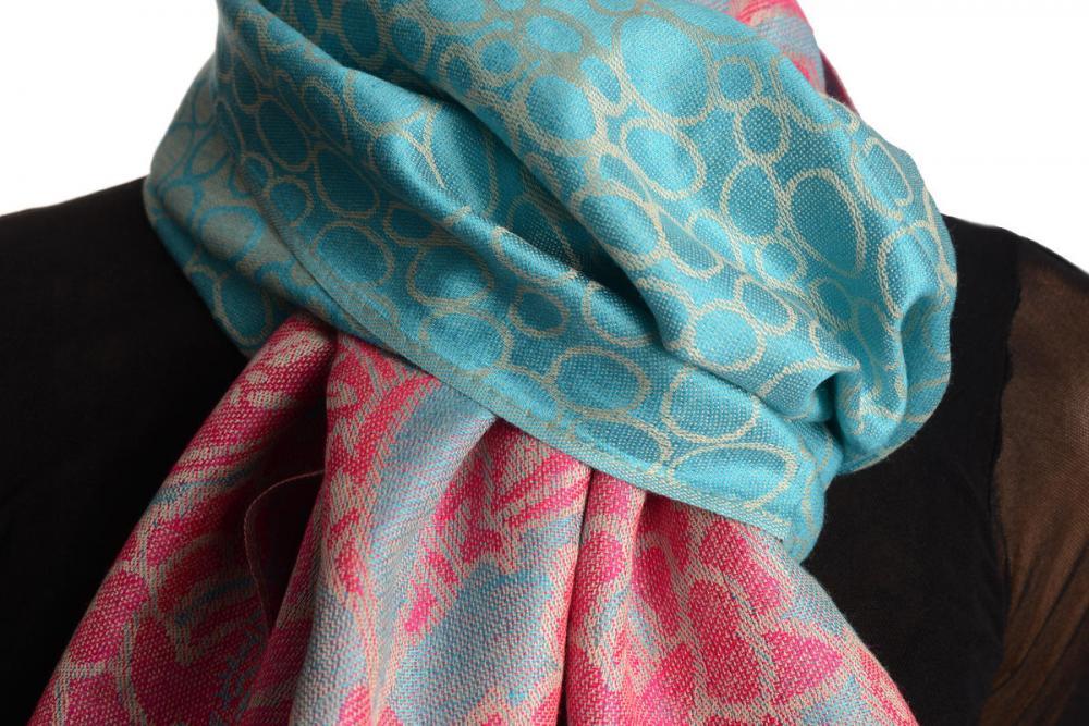 Liss Kiss Beige Circles And Red Flowers On Blue Pashmina With Tassels - Scarf