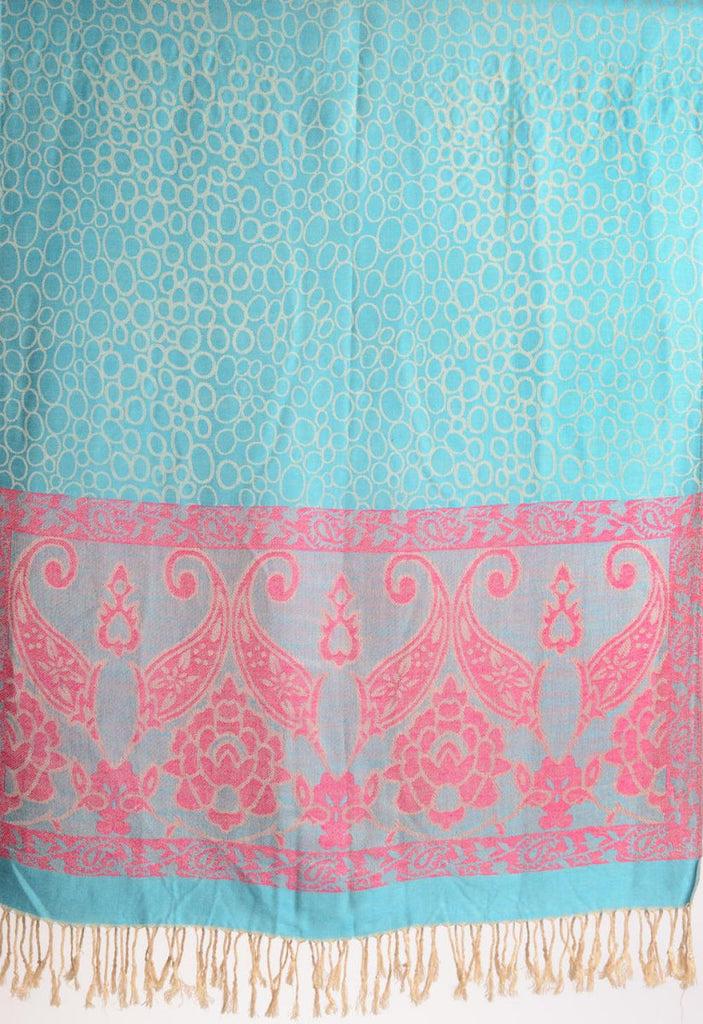 Liss Kiss Beige Circles And Red Flowers On Blue Pashmina With Tassels - Scarf