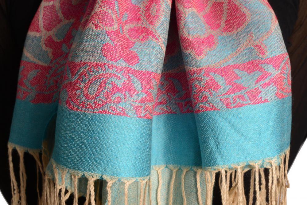 Liss Kiss Beige Circles And Red Flowers On Blue Pashmina With Tassels - Scarf