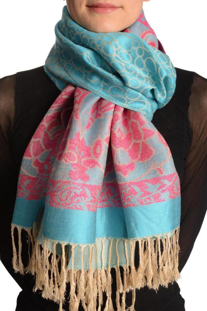 liss kiss Beige Circles And Red Flowers On Blue Pashmina With Tassels - Scarf