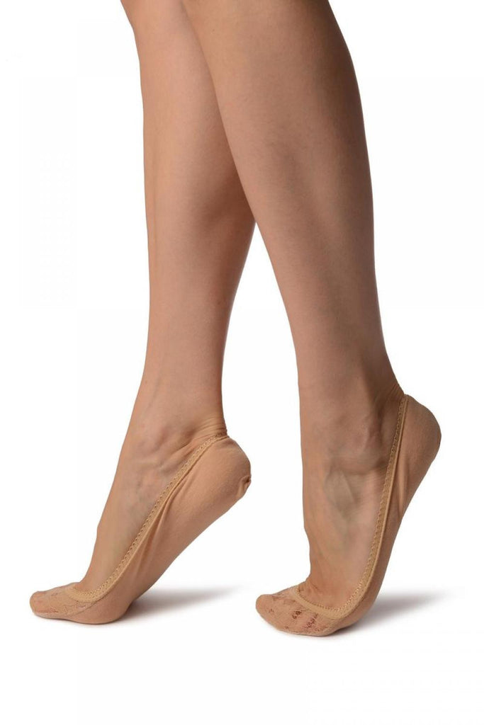 Liss Kiss Beige Cotton With Floral Lace Front Footies - Footsies Socks