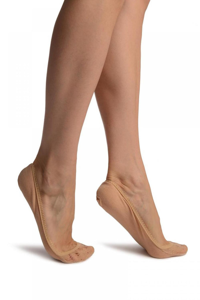 liss kiss Beige Cotton With Floral Lace Front Footies - Footsies Socks