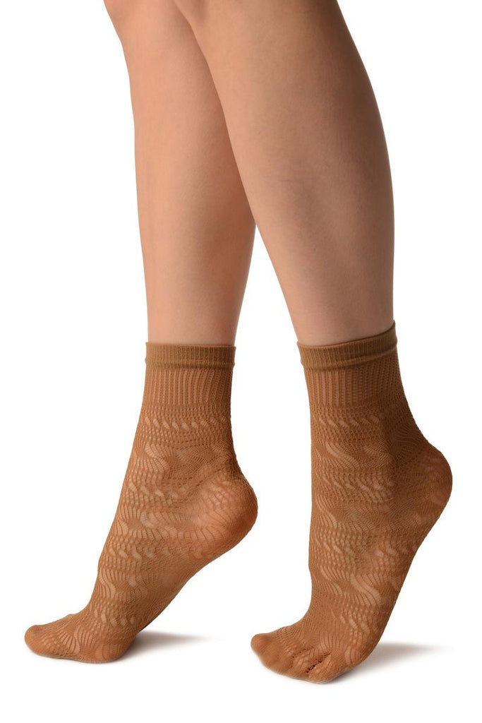Liss Kiss Beige Crochet Layered Lace Top Ankle High Socks - Socks