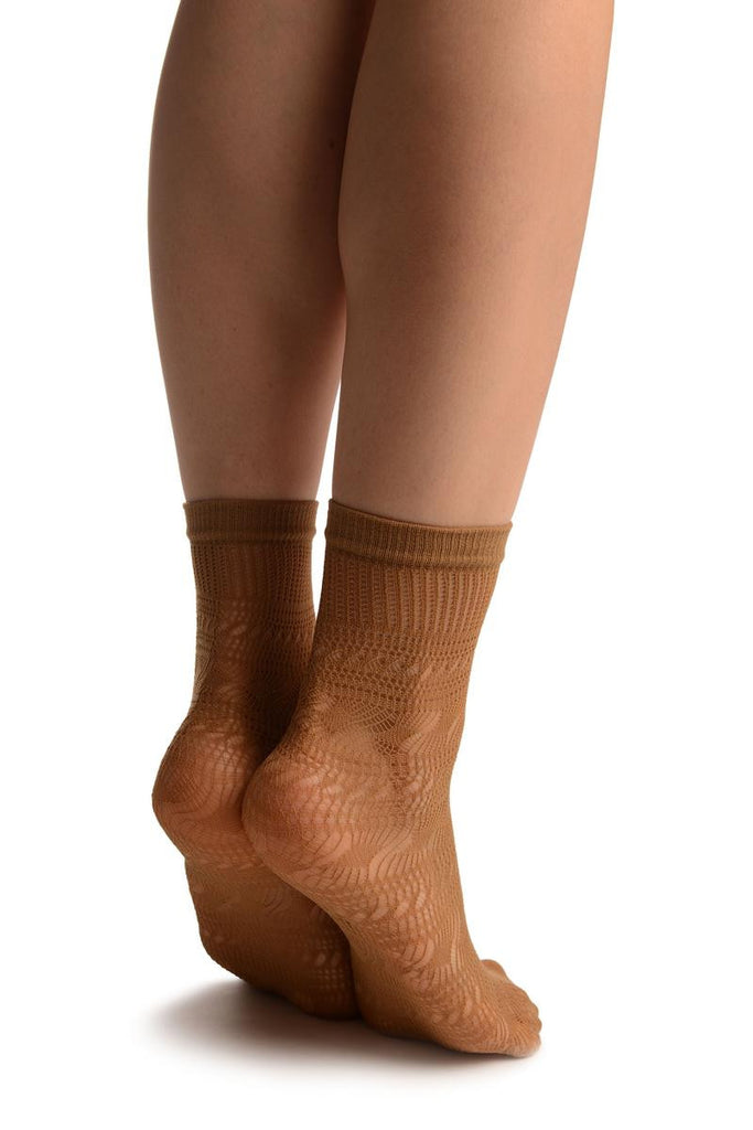 Liss Kiss Beige Crochet Layered Lace Top Ankle High Socks - Socks