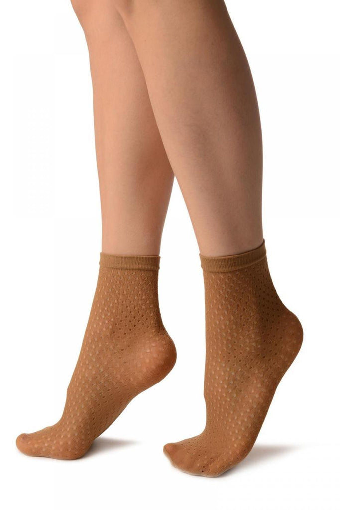 Liss Kiss Beige Crochet Polka Dots Lace Top Ankle High Socks - Socks