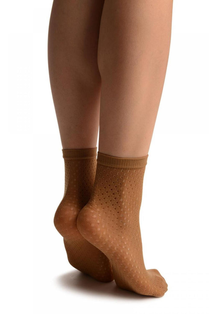 Liss Kiss Beige Crochet Polka Dots Lace Top Ankle High Socks - Socks