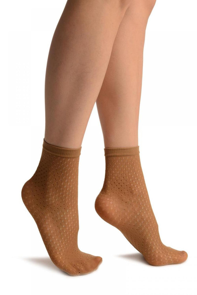 liss kiss Beige Crochet Polka Dots Lace Top Ankle High Socks - Socks
