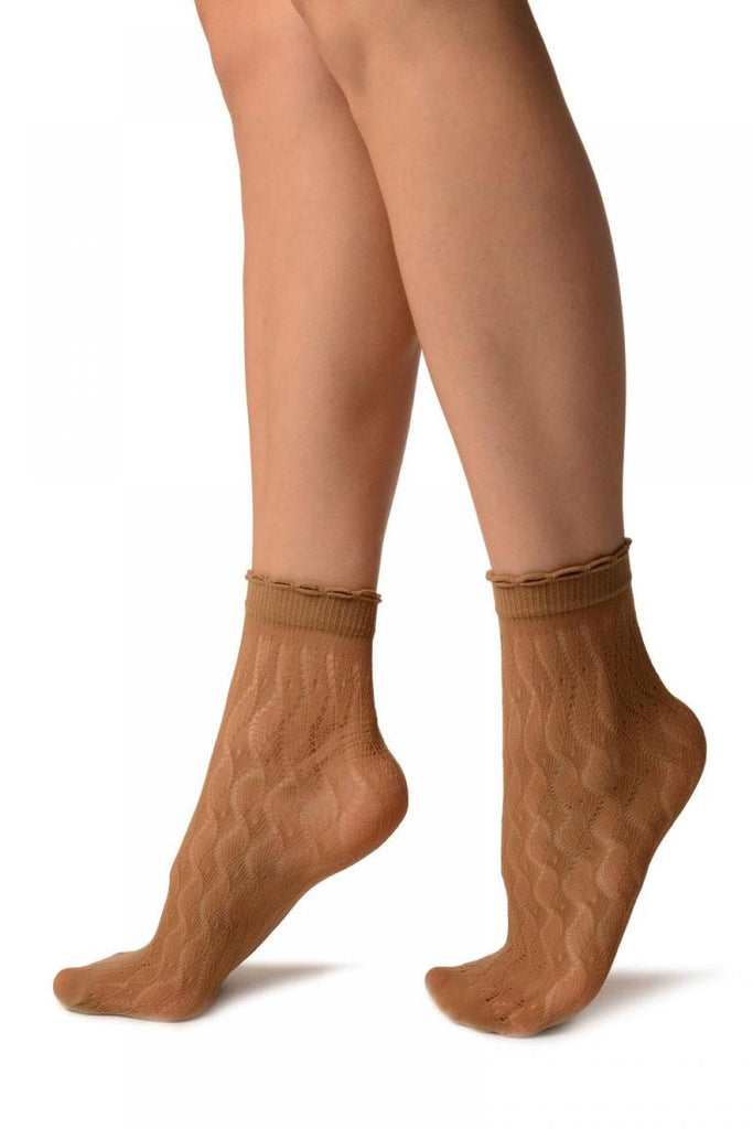 Liss Kiss Beige Crochet Waves Lace Top Ankle High Socks - Socks
