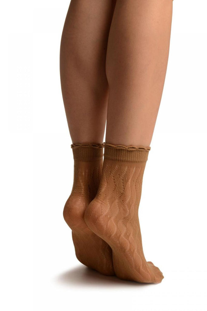 Liss Kiss Beige Crochet Waves Lace Top Ankle High Socks - Socks