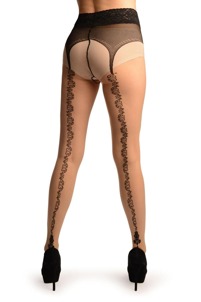 Liss Kiss Beige Crotchless With Floral Seam &Silicon Lace Top Tights - Tights