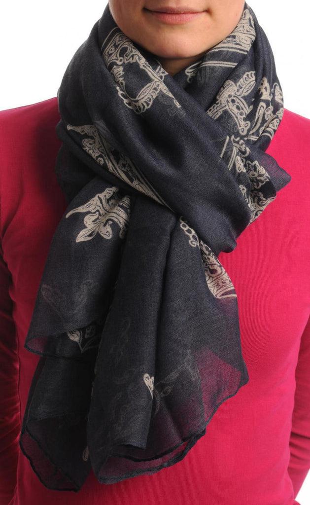 Liss Kiss Beige Crowns On Navy Blue Unisex Scarf & Beach Sarong - Scarf