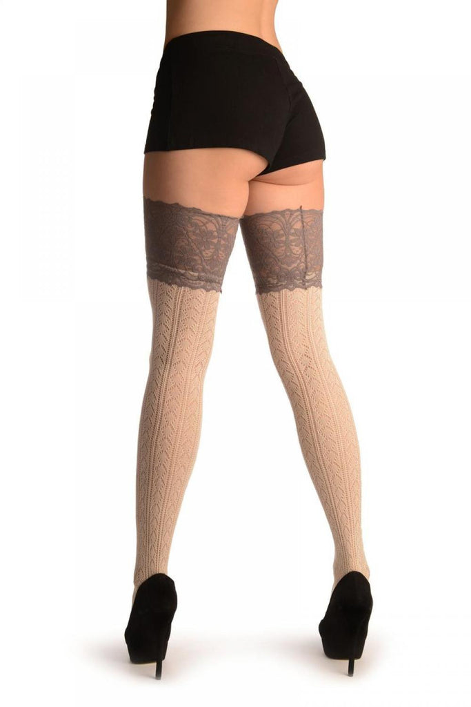 Liss Kiss Beige Diamond Crochet Knit With Wide Lace Trim - Over The Knee Socks