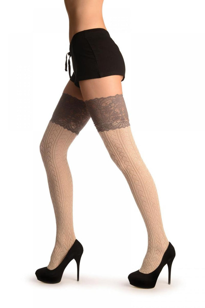 Liss Kiss Beige Diamond Crochet Knit With Wide Lace Trim - Over The Knee Socks