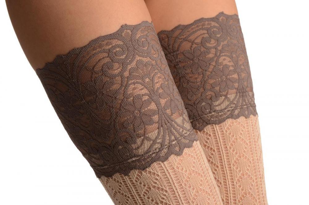 Liss Kiss Beige Diamond Crochet Knit With Wide Lace Trim - Over The Knee Socks