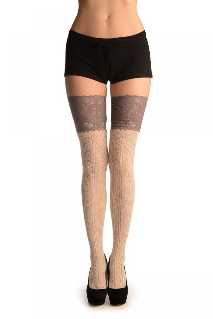 liss kiss Beige Diamond Crochet Knit With Wide Lace Trim - Over The Knee Socks