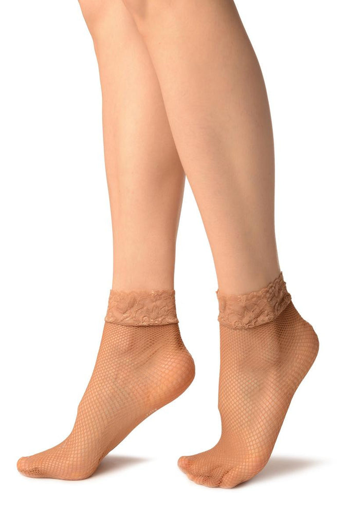 Liss Kiss Beige Fishnet Comfort Top Ankle High Socks - Socks