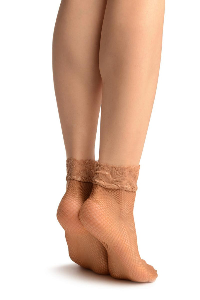 Liss Kiss Beige Fishnet Comfort Top Ankle High Socks - Socks