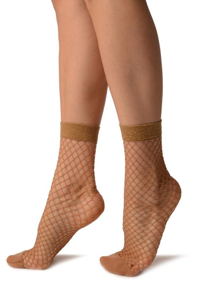 Liss Kiss Beige Fishnet With Gold Lurex Ankle High Socks - Socks