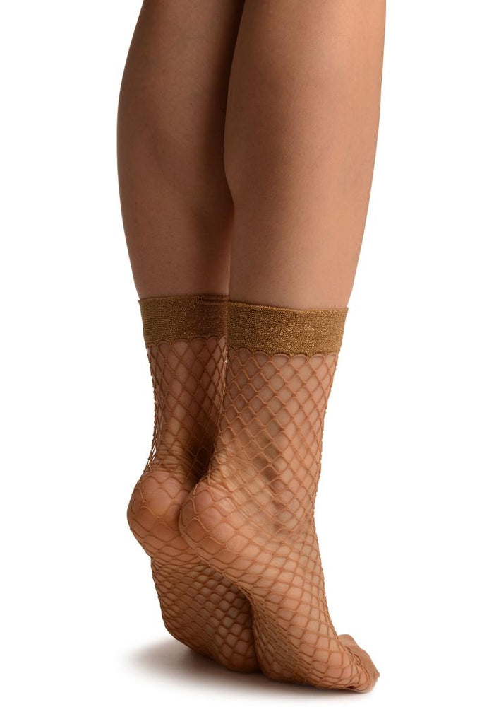 Liss Kiss Beige Fishnet With Gold Lurex Ankle High Socks - Socks
