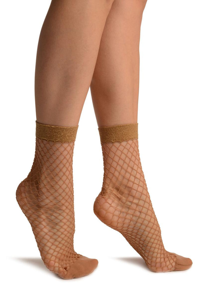 liss kiss Beige Fishnet With Gold Lurex Ankle High Socks - Socks