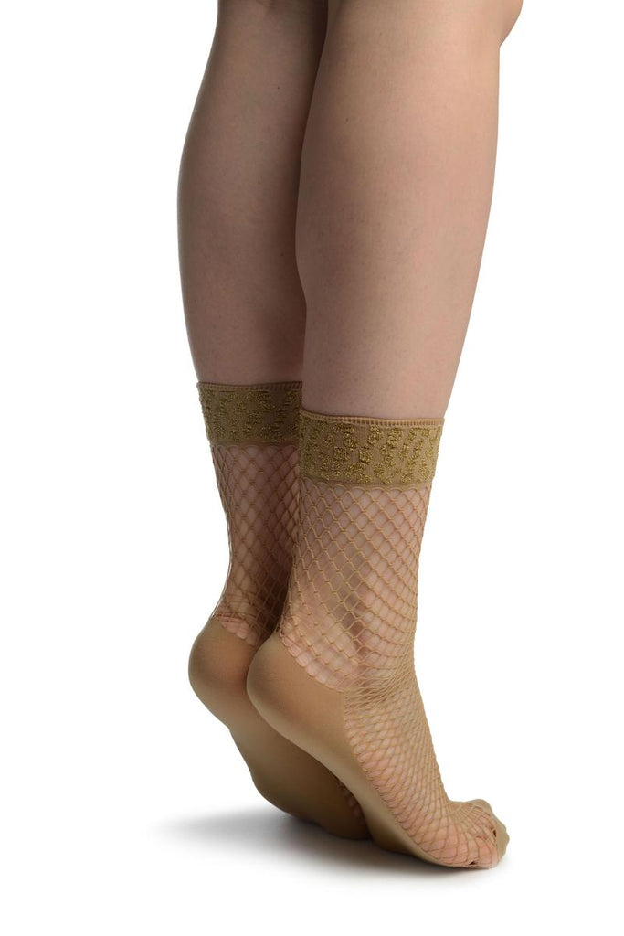 Liss Kiss Beige Fishnet With Lurex Leopard Top Ankle High Socks - Socks
