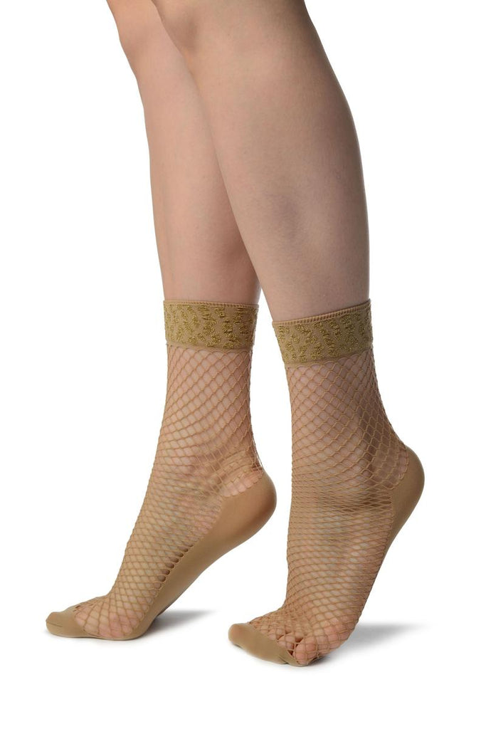 Liss Kiss Beige Fishnet With Lurex Leopard Top Ankle High Socks - Socks