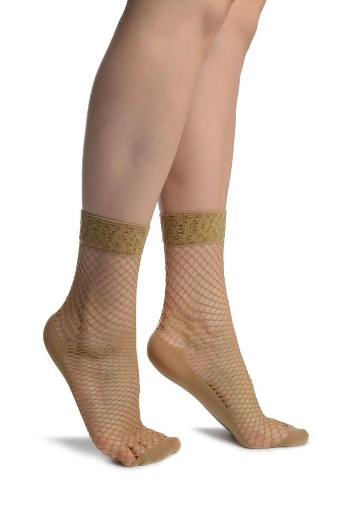 liss kiss Beige Fishnet With Lurex Leopard Top Ankle High Socks - Socks