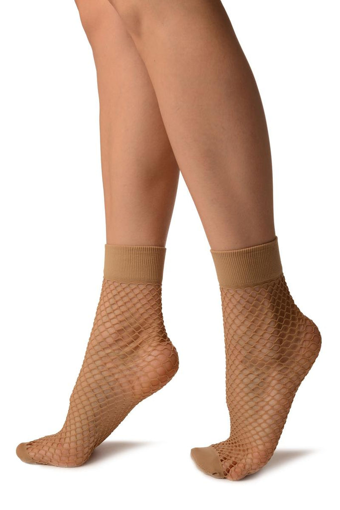 Liss Kiss Beige Fishnet With Wide Top & Opaque Toe Ankle High Socks - Socks