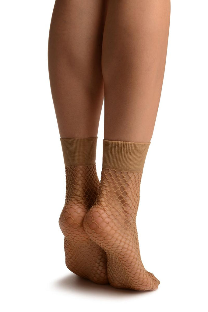 Liss Kiss Beige Fishnet With Wide Top & Opaque Toe Ankle High Socks - Socks